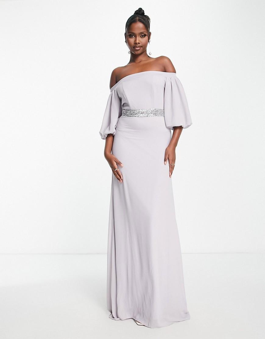 TFNC Bridesmaid bardot chiffon maxi dress with embellished waist in gray Product Image