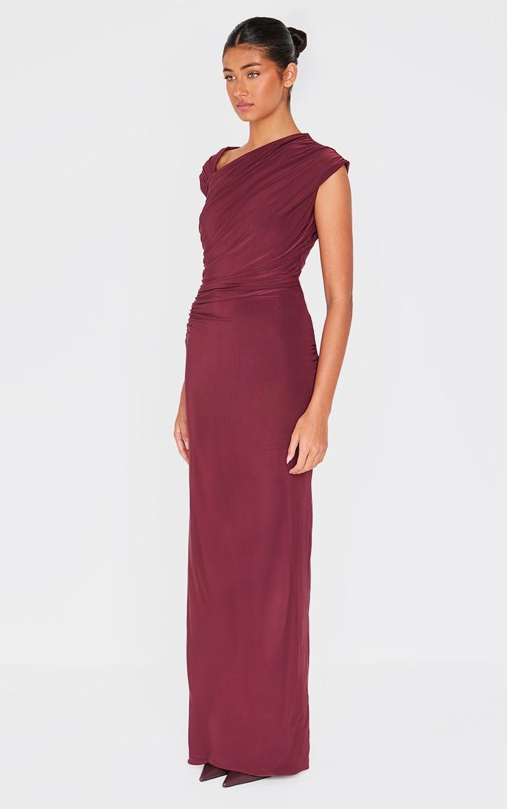 Burgundy Double Layer Slinky Ruched Maxi Dress Product Image