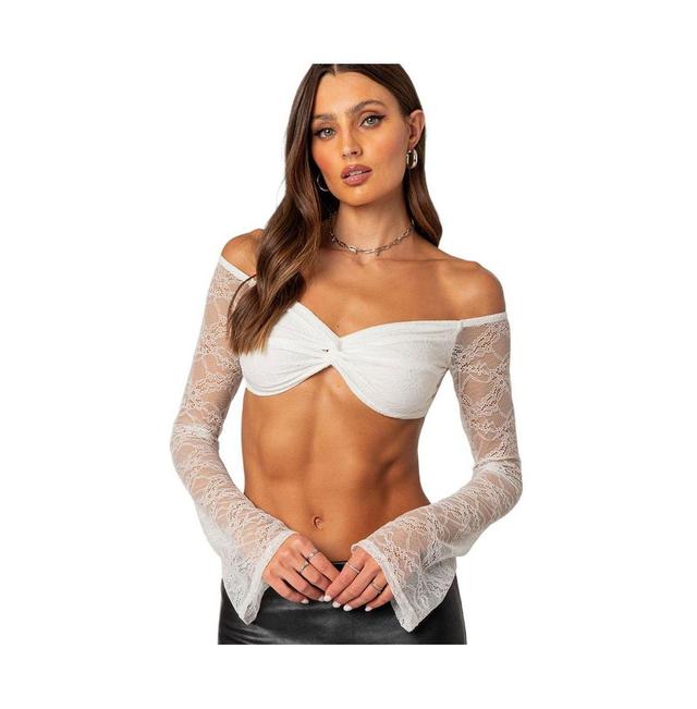 EDIKTED Sheer Lace Off the Shoulder Crop Top Product Image