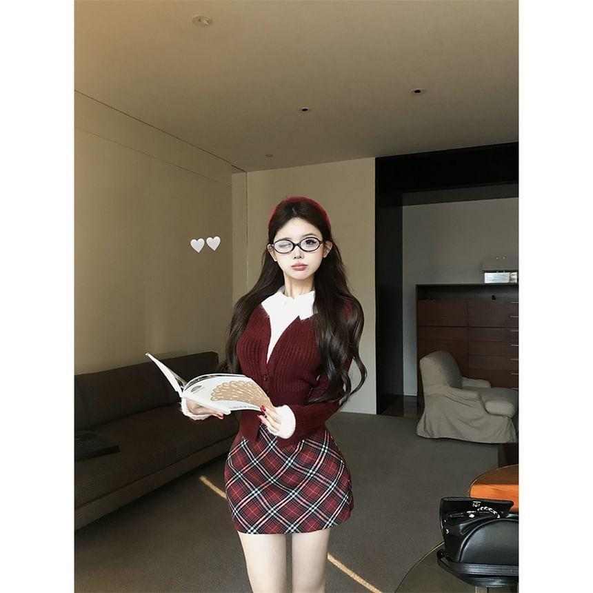 High Waist Plaid Mini Pencil Skirt / Collar Two Tone Mock Two-Piece Ribbed Sweater Product Image