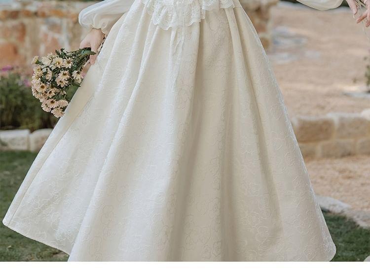 Long Sleeve Scoop Neck Ruffle Trim Midi A-Line Dress / Veil / Set Product Image