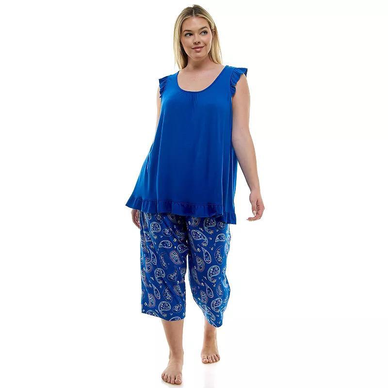 Plus Size Croft & Barrow Ruffled Pajama Tank Top & Pajama Capri Pants Set, Womens Blue Product Image