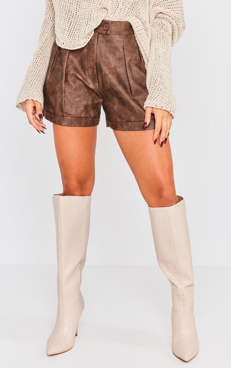 Premium Brown Washed Faux Leather Pleat Detail Shorts Product Image