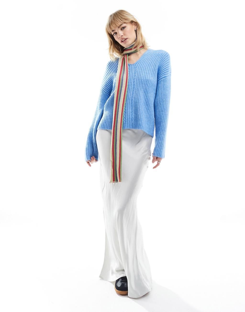 Monki v neck knitted hood sweater in blue Product Image