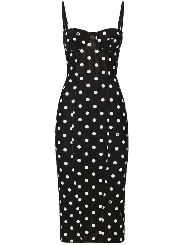 DOLCE & GABBANA Marquisette Sheath Dress With Polka-dot Print And Corset Details In Nero Product Image