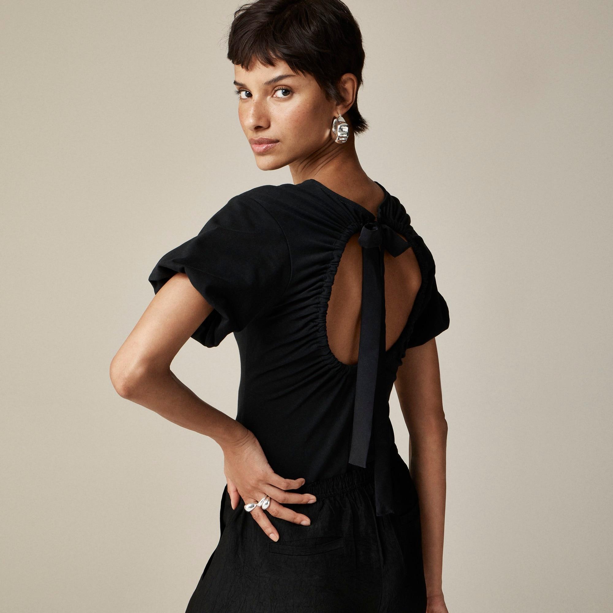 Open-back puff-sleeve top in stretch cotton blend product image