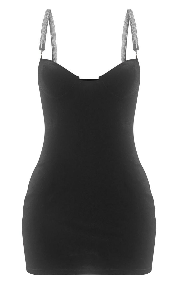 Black Diamante Strap Velvet Underwire Bodycon Dress Product Image