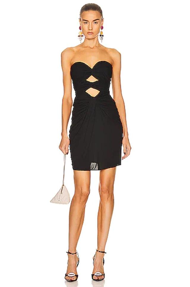 SAINT LAURENT Corseted Sweetheart-neck Cut-out Woven Mini Dress In Nero Product Image