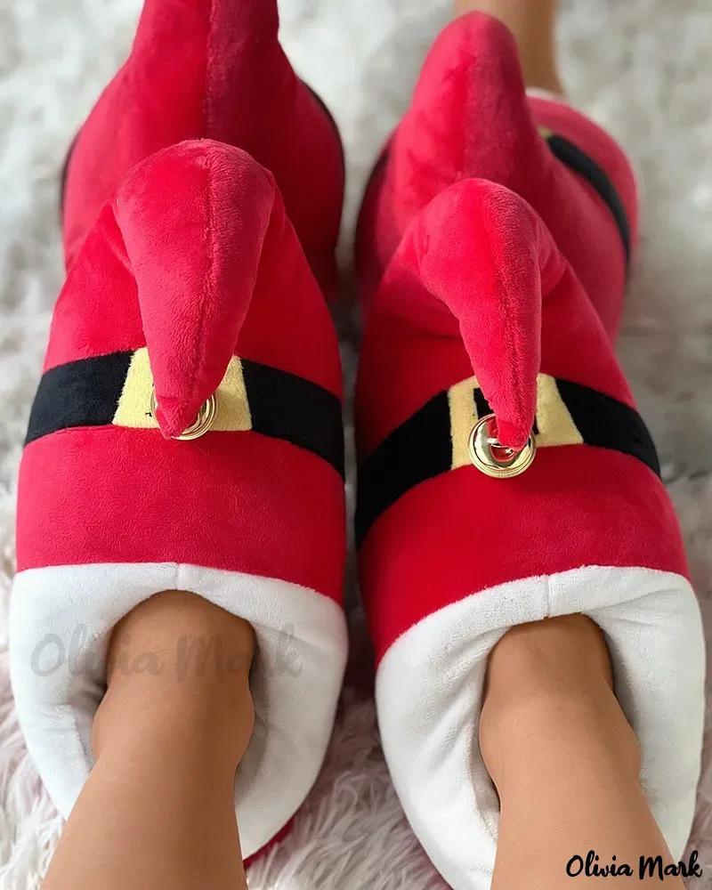 Olivia Mark – Festive Holiday Elf Jingle Bell Cartoon Fuzzy Slippers Product Image