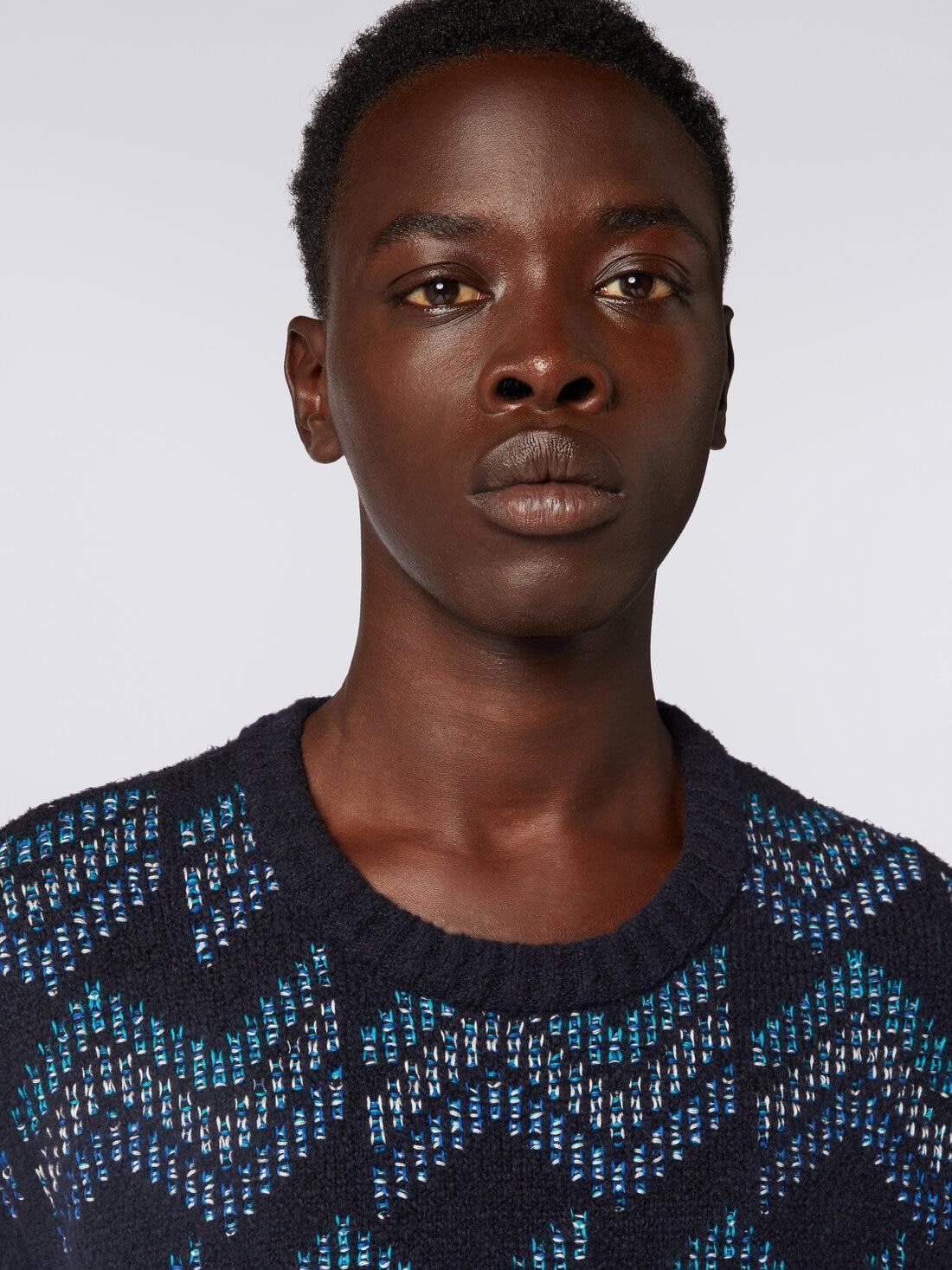 Cotton blend crew-neck sweater with zigzag pattern White & Blue | Missoni Product Image