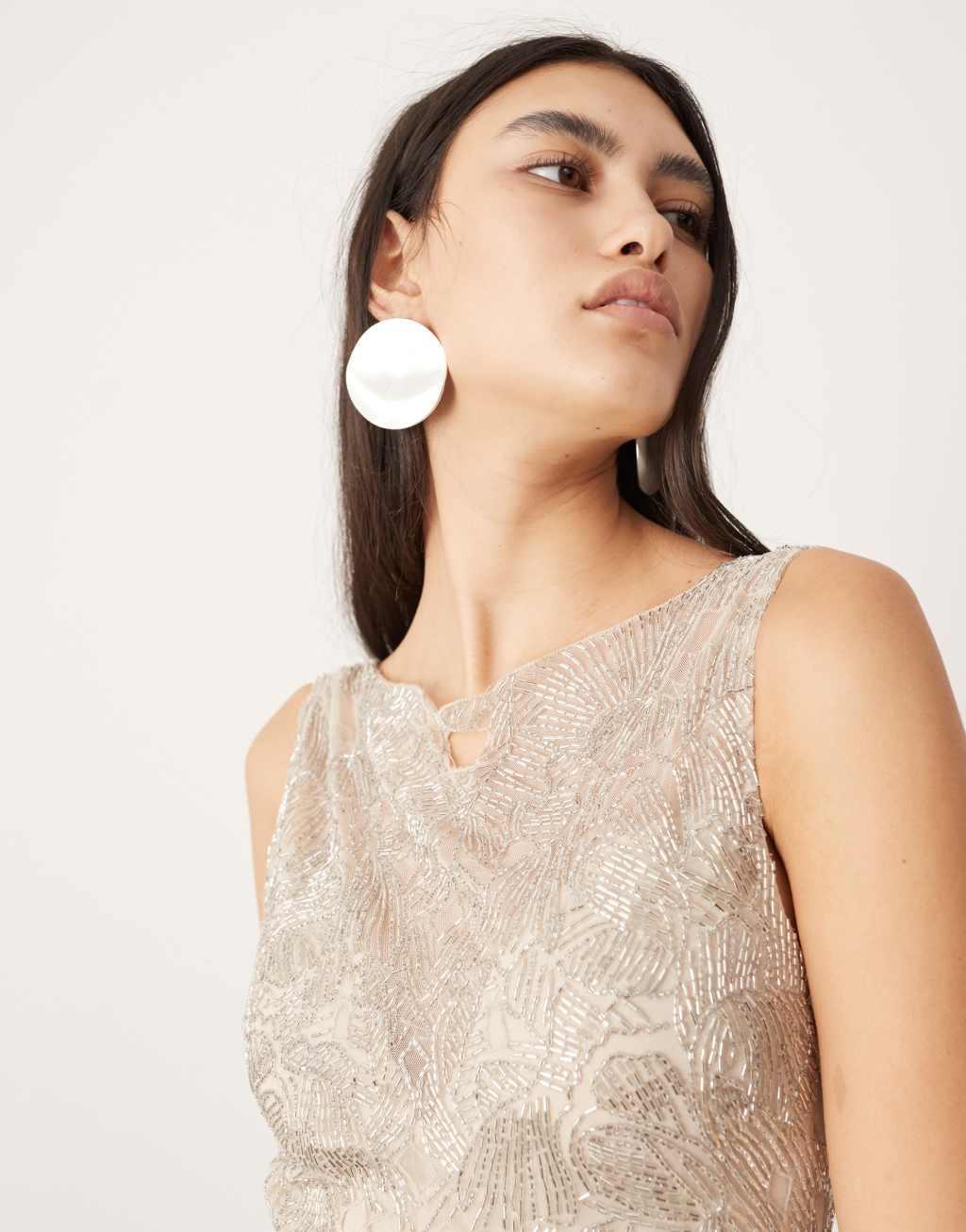 ASOS EDITION nouveau floral embellished low back maxi dress with cut work embroidery in silver Product Image