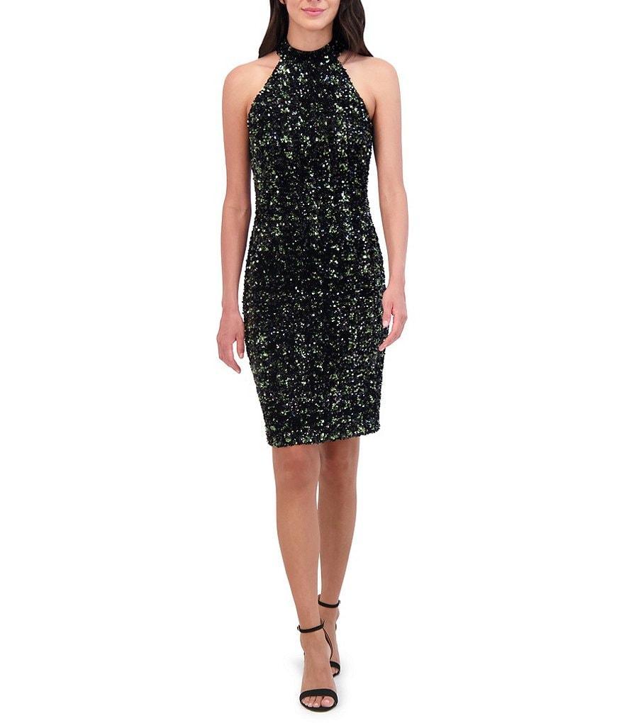 Vince Camuto Sequin Halter Neck Sleeveless Bodycon Mini Dress Product Image