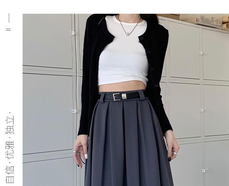 High Waist Plain Accordion Pleated Midi A-Line Skirt Product Image