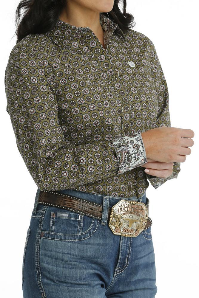 Cinch® Ladies' L/S Olive Print Button Shirt Product Image