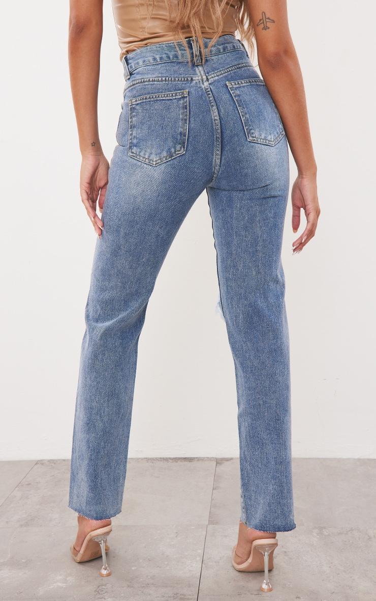 Mid Wash High Rise Ripped Straight Leg Jeans Product Image