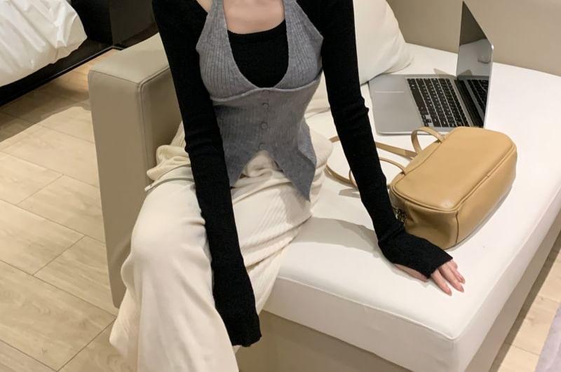 Mock Two-Piece Long-Sleeve Halter Two Tone Slit Button Knit Top Product Image