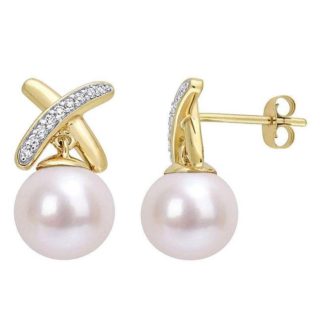 Stella Grace 14k Gold Freshwater Cultured Pearl & 1/10 Carat T.W. Diamond X Drop Earrings, Womens Product Image