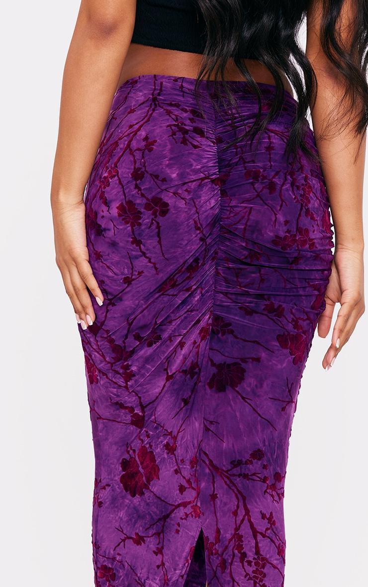 Purple Printed Soft Touch Devore Ruched Side Maxi Skirt Product Image