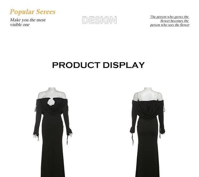 Long Sleeve Off Shoulder Plain Flower Detail Ruched Maxi Sheath Dress Product Image