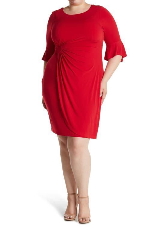 Connected Apparel Gathered Bell Sleeve Faux Wrap Dress Product Image