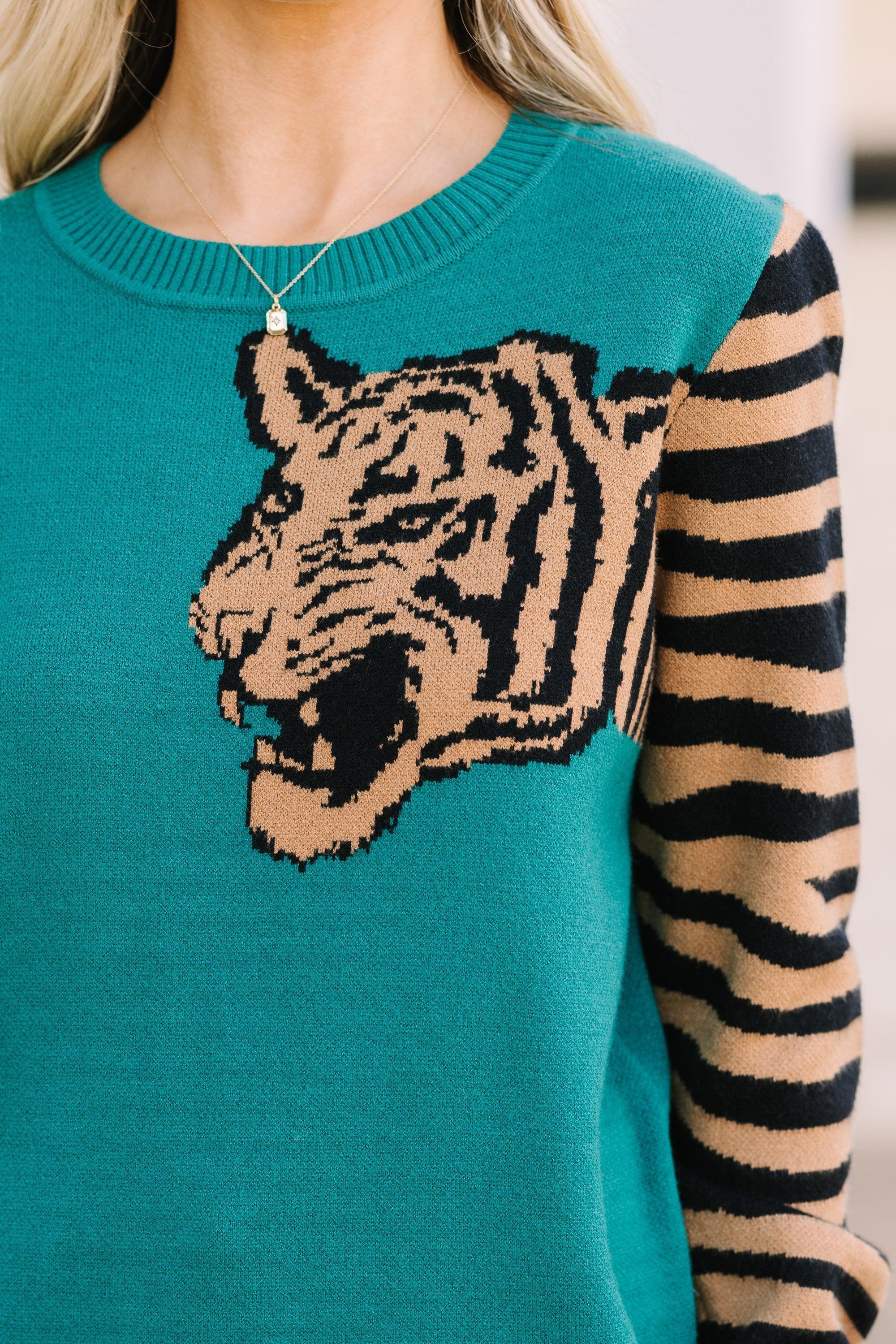 Over Your Shoulder Hunter Green Tiger Sweater Female Product Image