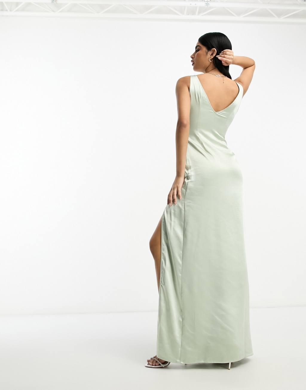 Pretty Lavish Bridesmaid Esmee wrap satin maxi dress in sage green Product Image