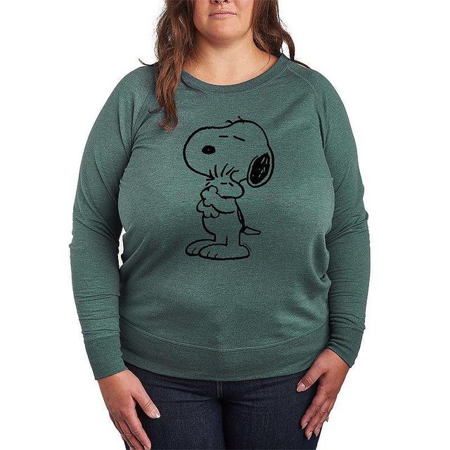 Womens Peanuts Snoopy Loves Woodstock Lightweight French Terry Sweatshirt, Girls Grey Green Product Image