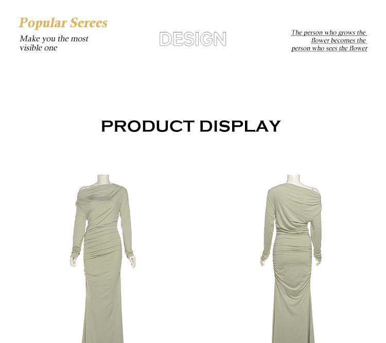 Long Sleeve One Shoulder Plain Ruched Maxi Sheath Dress Product Image