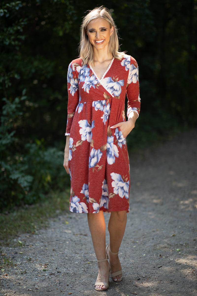 Cranberry and Blue Floral Surplice Front Dress Product Image