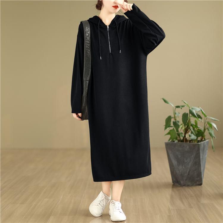 Half Zip Plain Midi Hoodie Dress Product Image