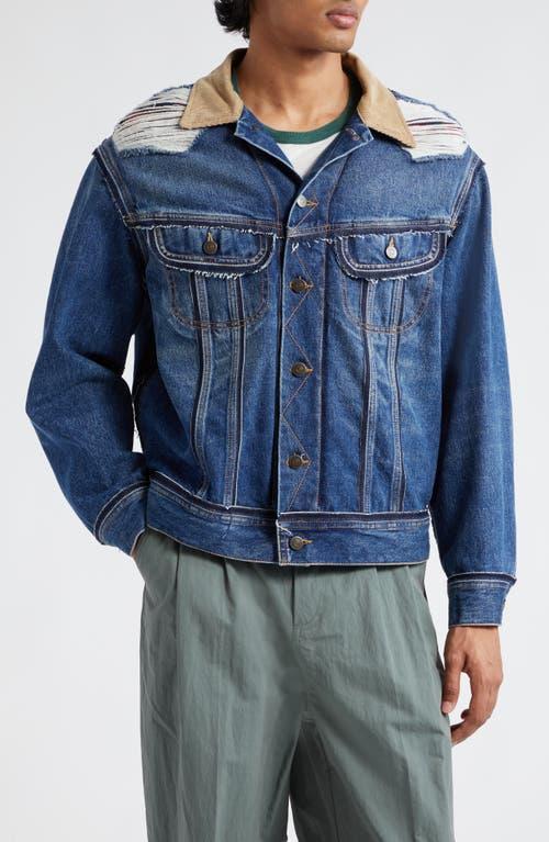 Mens Distresed Flannel-Lined Denim Trucker Jacket Product Image