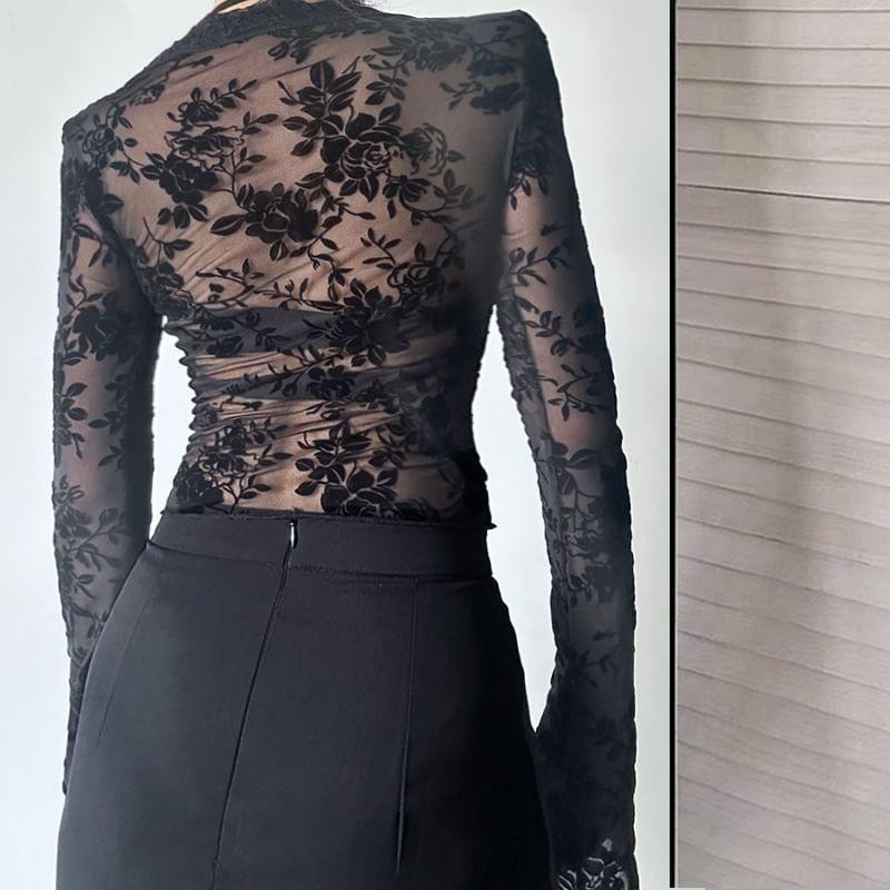 Long-Sleeve V-Neck Lace Crop Top Product Image