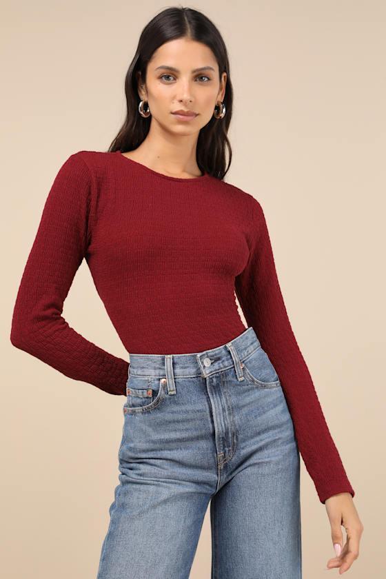 Iconic Composure Wine Red Textured Twist-Back Long Sleeve Top Product Image