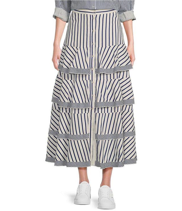 A Loves A Striped High Rise Button Front Contrast Trim Tiered Maxi Skirt Product Image