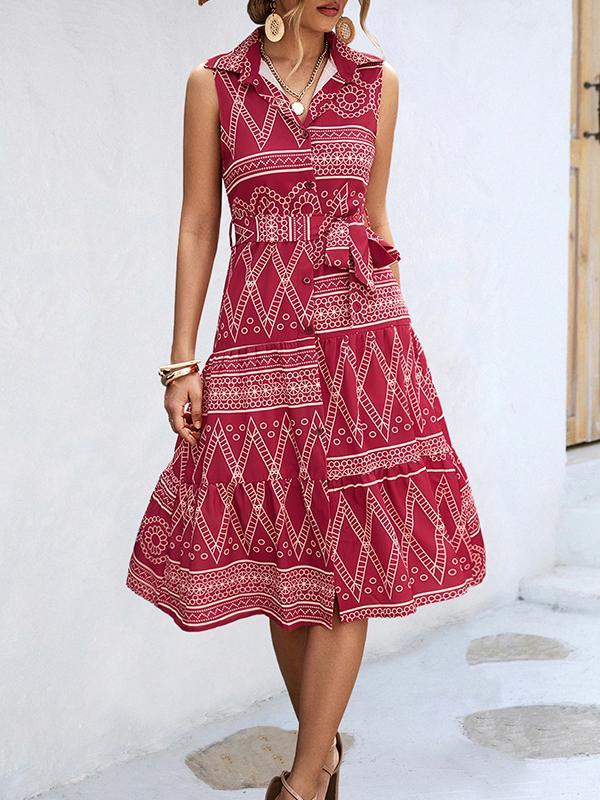 Sleeveless Buttoned Printed Tied Waist Lapel Collar Midi Dresses Product Image