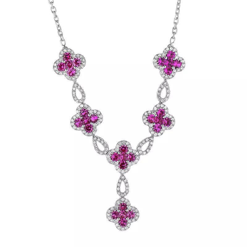 Sterling Silver Lab-Created Ruby & Lab-Created White Sapphire Flower Y Necklace, Womens Red Product Image