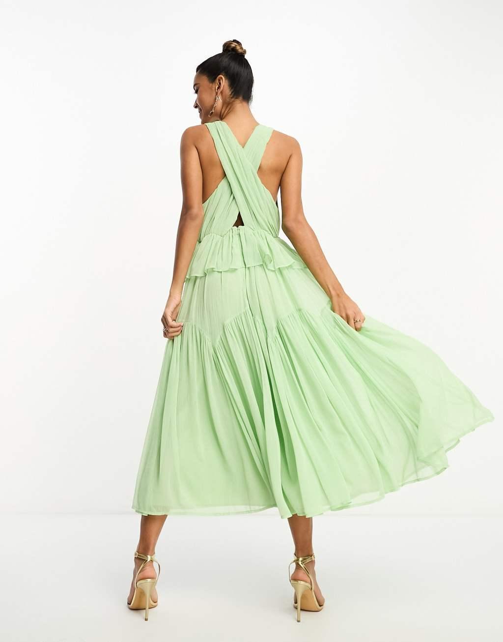 ASOS DESIGN plunge pleated tiered midi dress in sage green Product Image