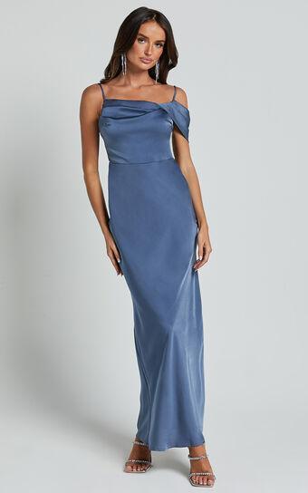 Karlen Midi Dress - Shoulder Strap Detail Satin Slip Dress in Steel Blue Product Image