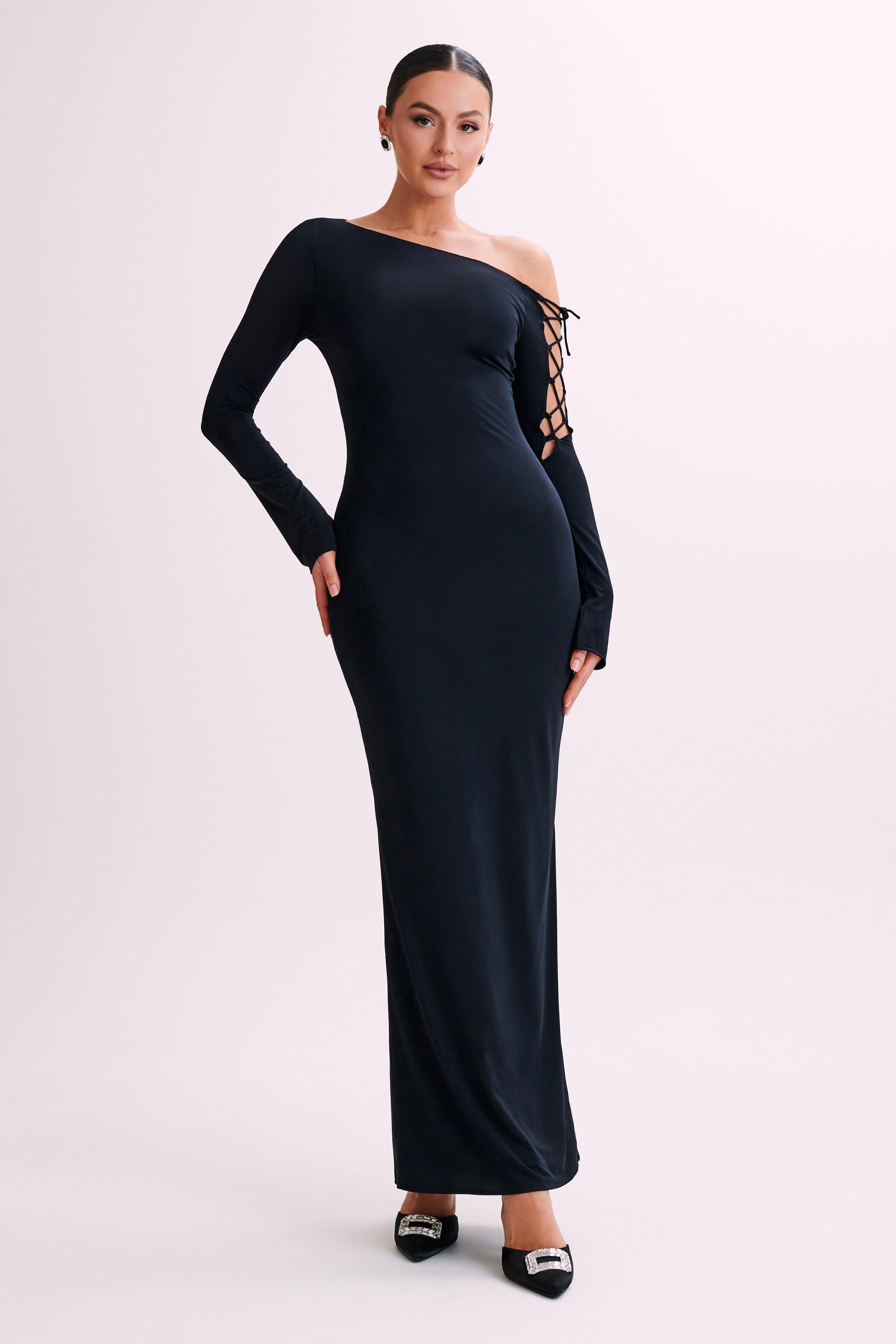 Gabby Tie Sleeve Slinky Maxi Dress - Black Product Image