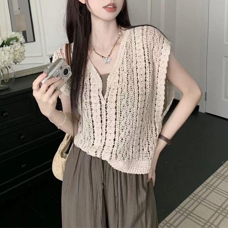 Sleeveless V-Neck Crochet Knit Top Product Image