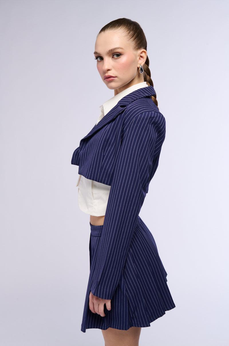 WHATS THE TEA PINSTRIPE CROP BLAZER IN NAVY Product Image