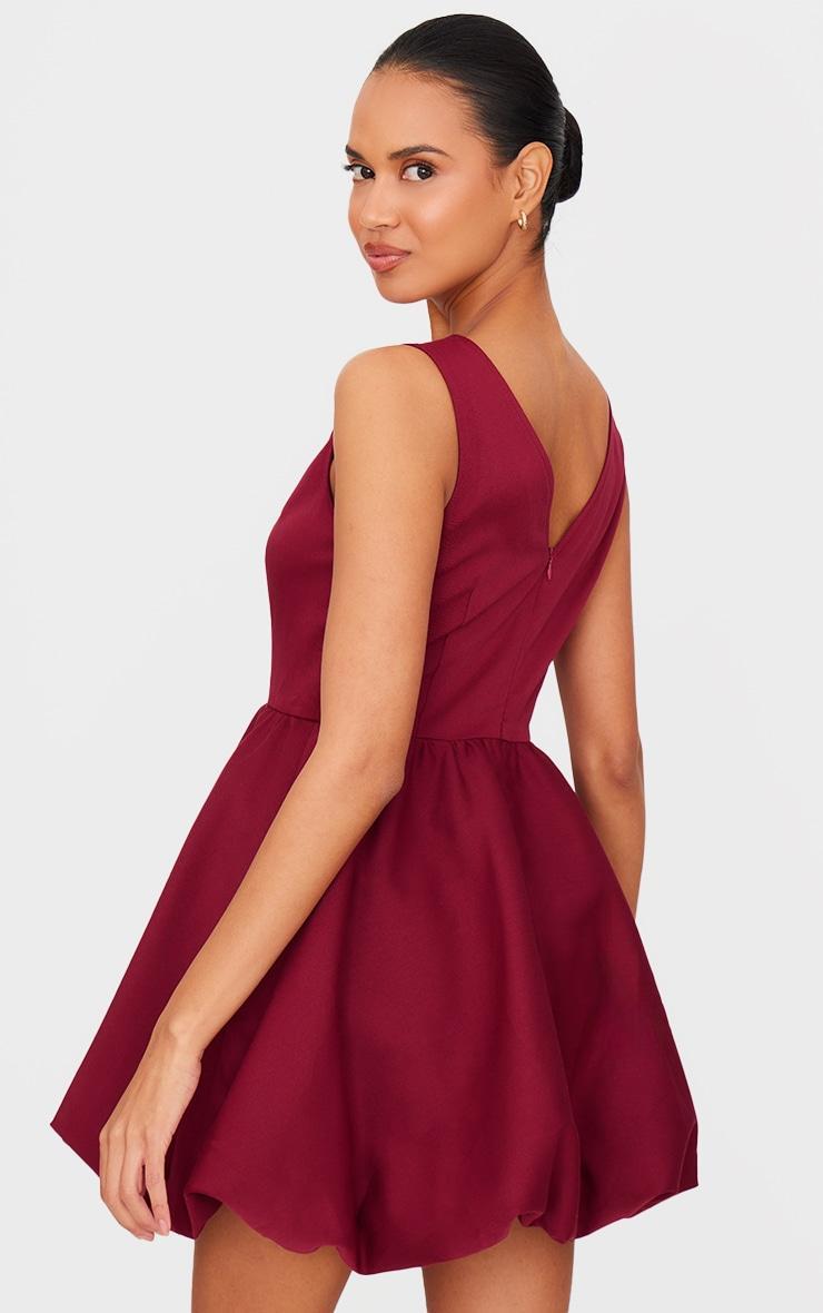 Burgundy Tailored Woven V Neck Puffball Mini Dress Product Image