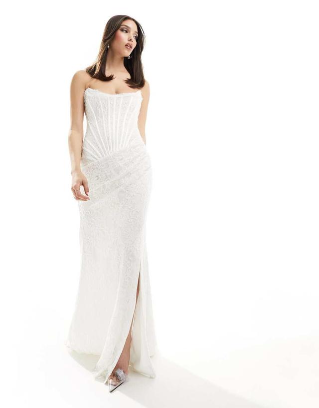 Heiress Beverly Hills premium lace bandeau corset thigh split maxi dress in white Product Image