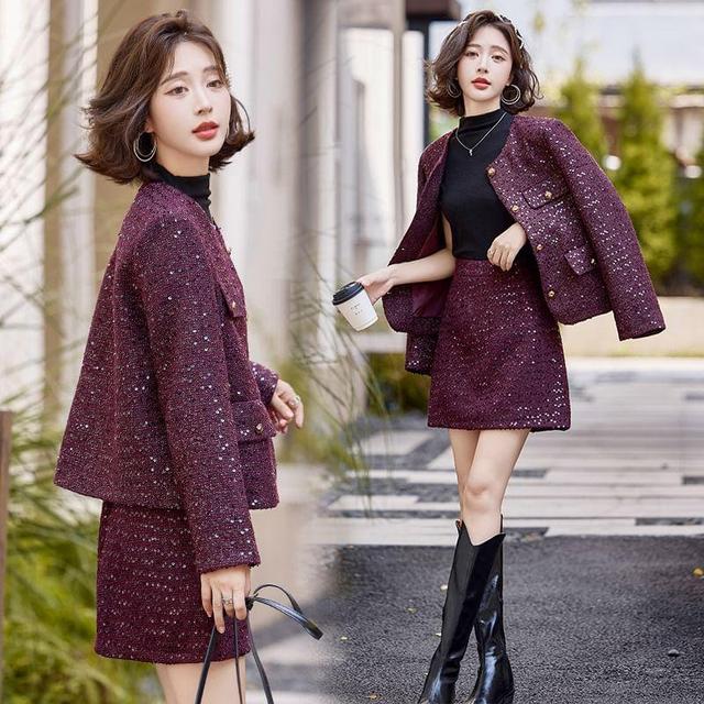 Set: Round Neck Sequin Button Jacket + Elastic Waist Mini A-Line Skirt Product Image