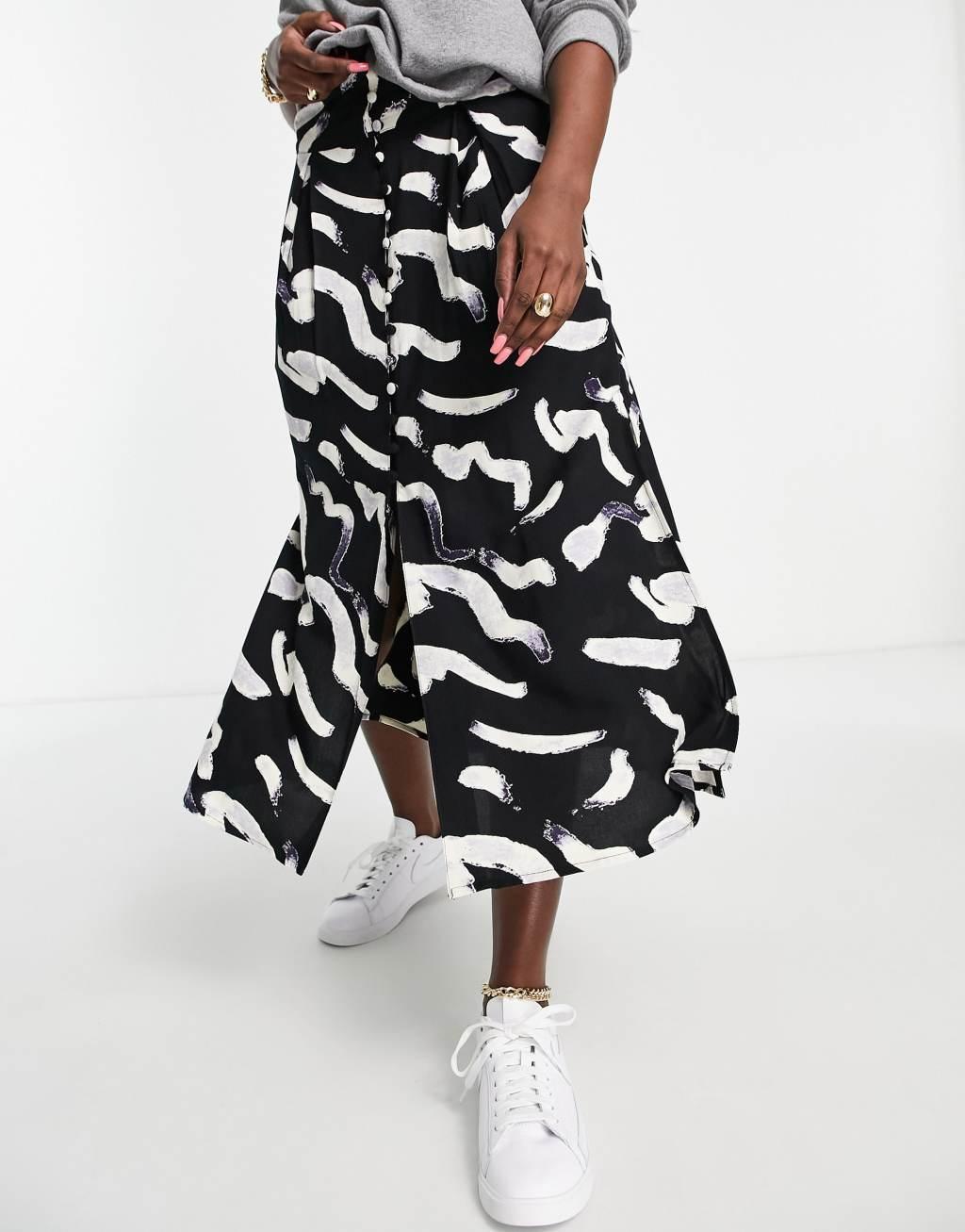 ASOS DESIGN button through midi skirt in mono smudge print Product Image