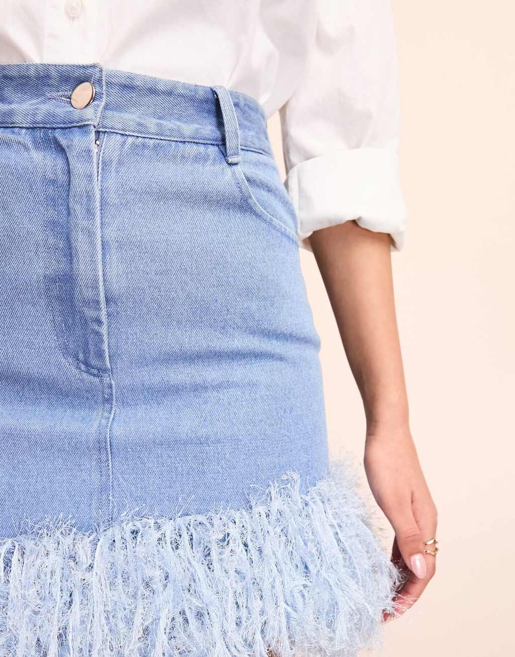 ASOS LUXE denim mini skirt with faux feathers in mid wash blue Product Image