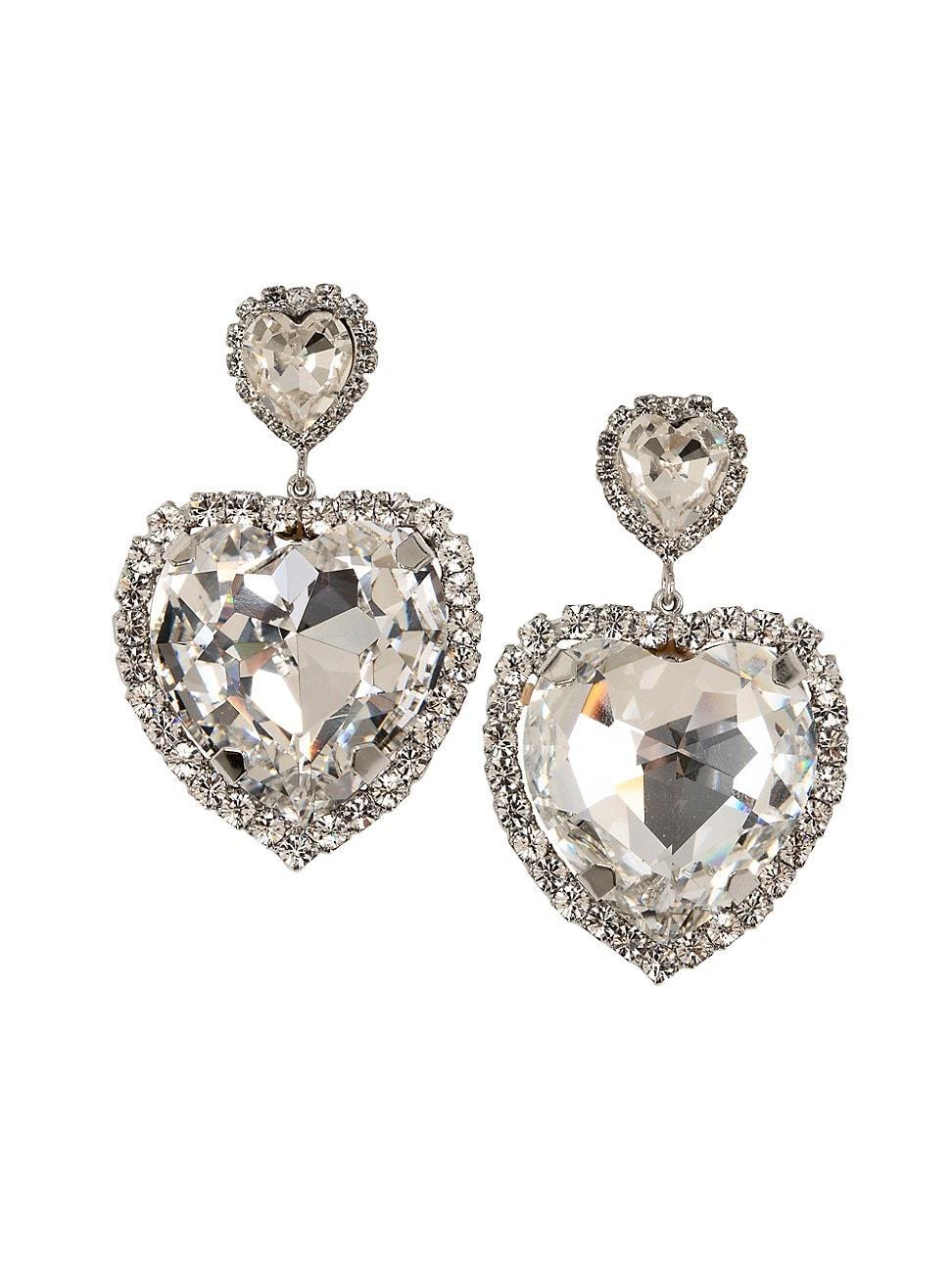 Womens Rhodium-Plated & Glass Crystal Heart Double-Drop Earrings Product Image