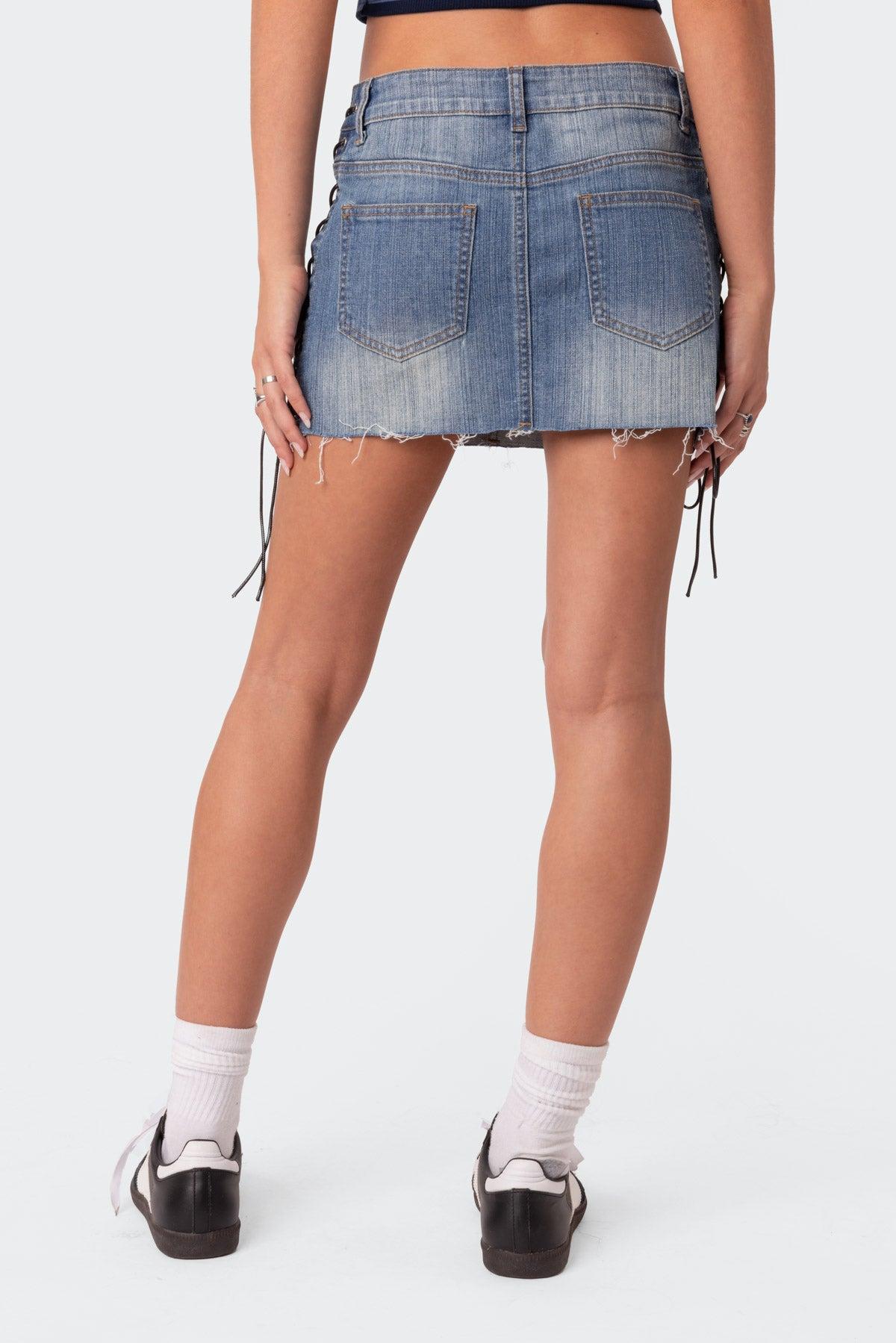 Side Lace Up Denim Mini Skirt Product Image