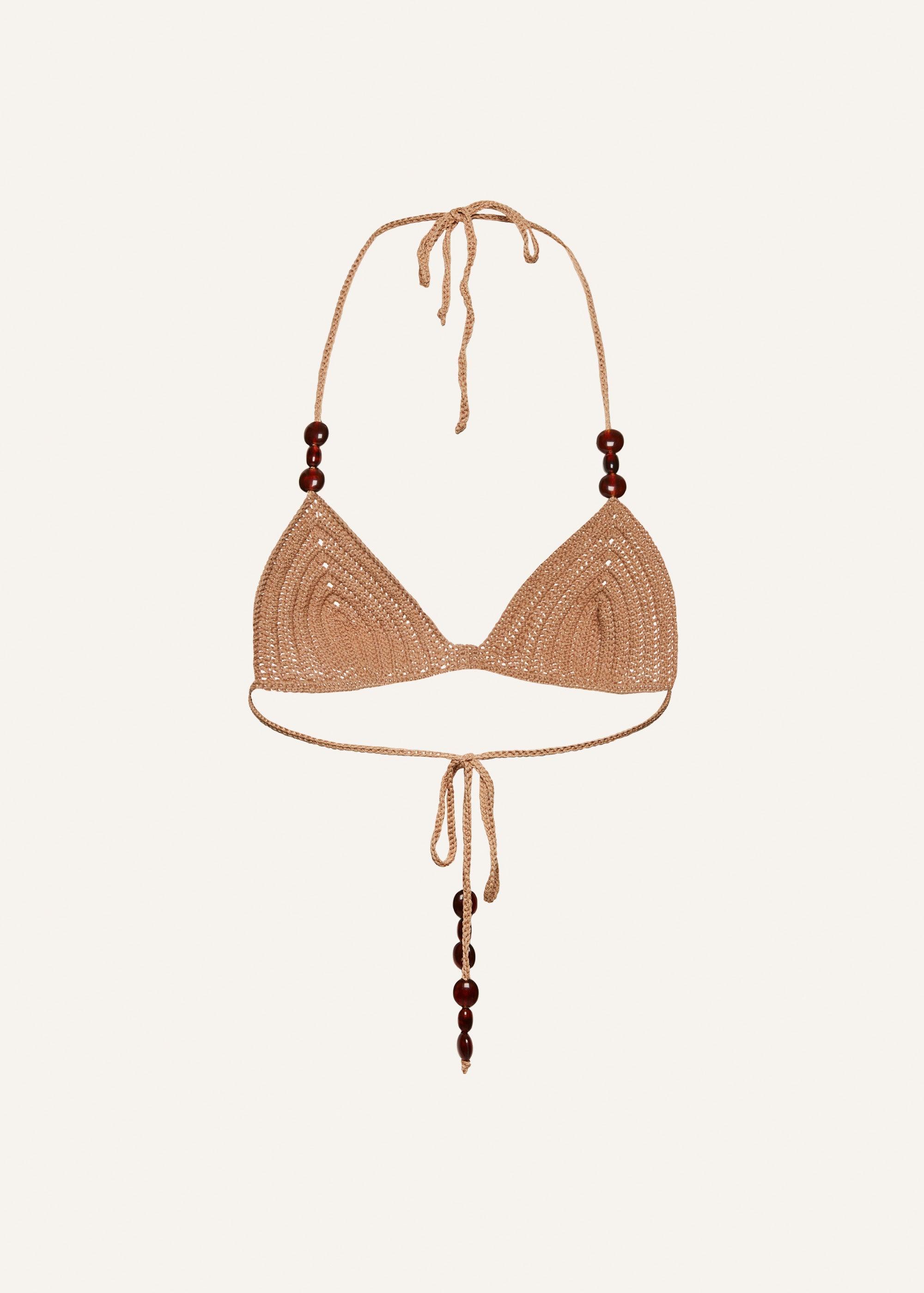 Crochet triangle beads bra in caramel Product Image