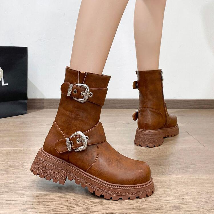 Faux Leather Buckled Platform Short Boots product image